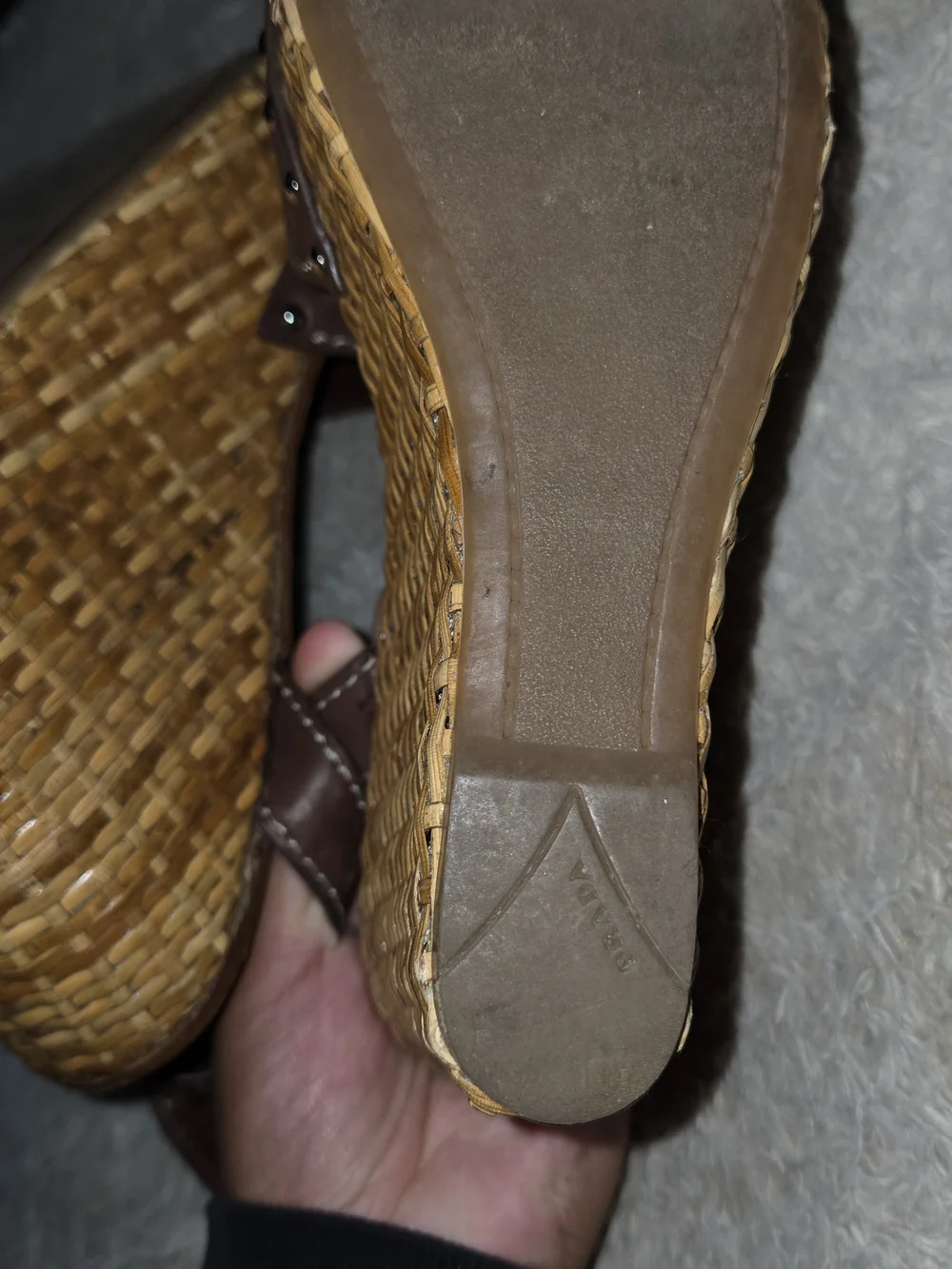 Prada Brown Leather Rattan Wedge Sandals Size 6 US or Size 36.5 EU